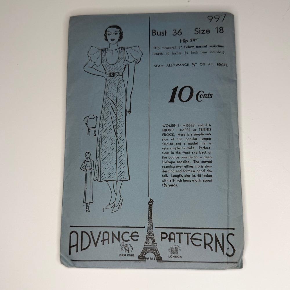 Vintage 1930s Advance Sewing Patterns Jumper Dress Size 18 Uncut Complete Tennis